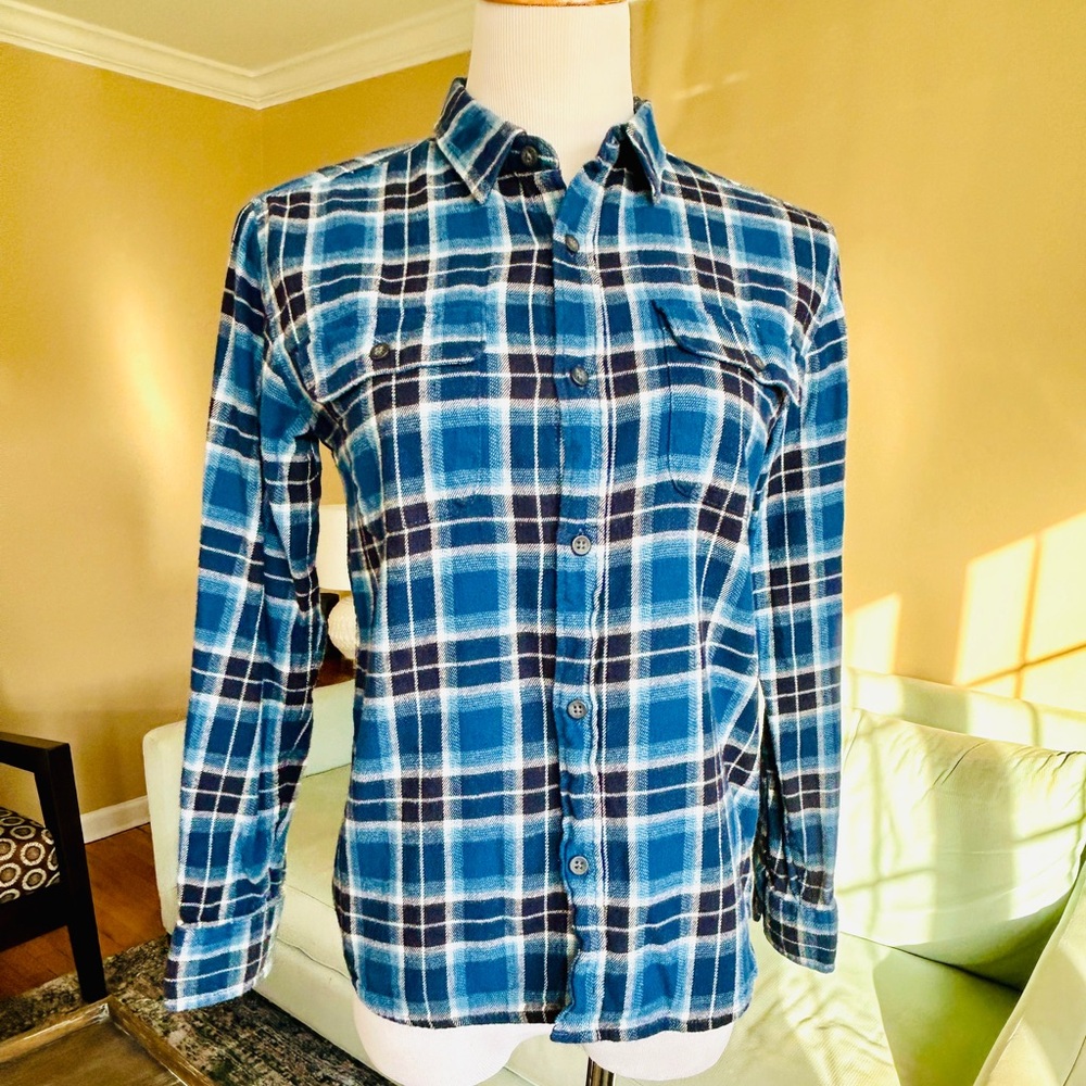 Old Navy Girls Size XL 14/16 Blue Plaid Flannel Shirt Stretch Cotton